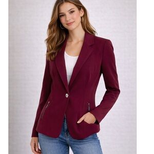 RAFAELLA  Red Zipper Pockets Leopard Lined Burgundy Blazer Suit Jacket 8 NWOT